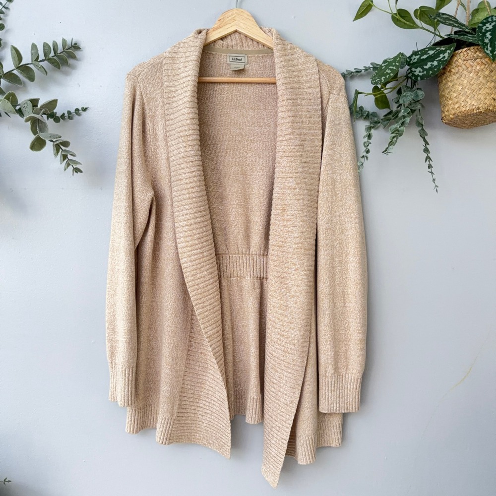 LL Bean Cardigan Cozy Autumn Coastal Tan Marled Shawl Collar Open Front Wmns L